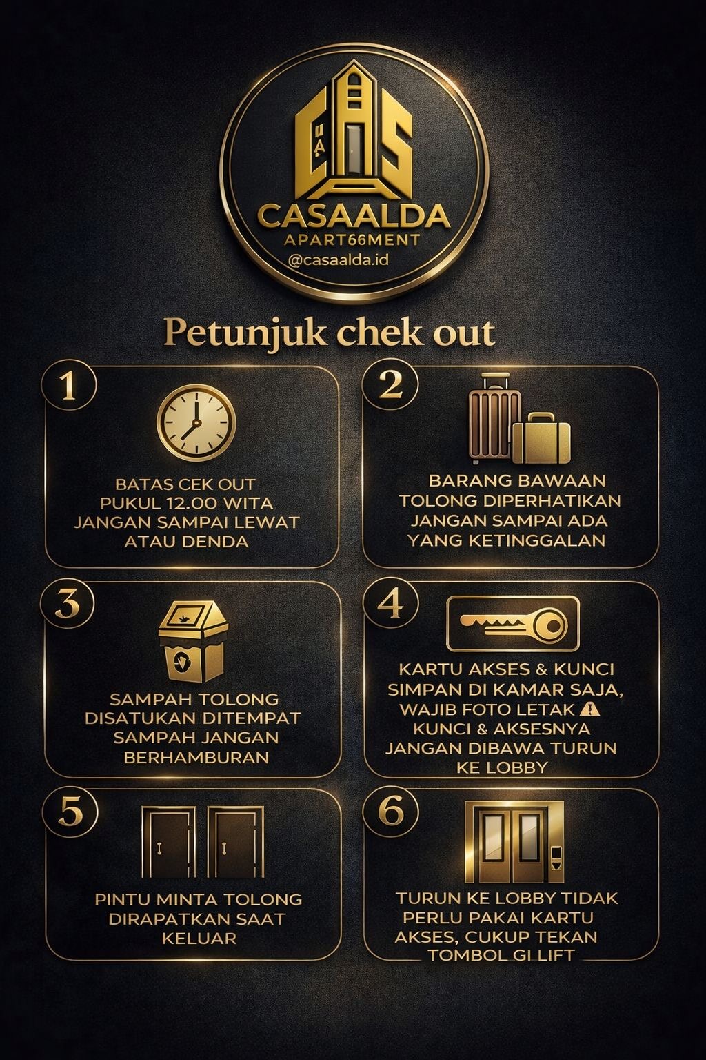 Poster petunjuk check-out CASAALDA Apartment