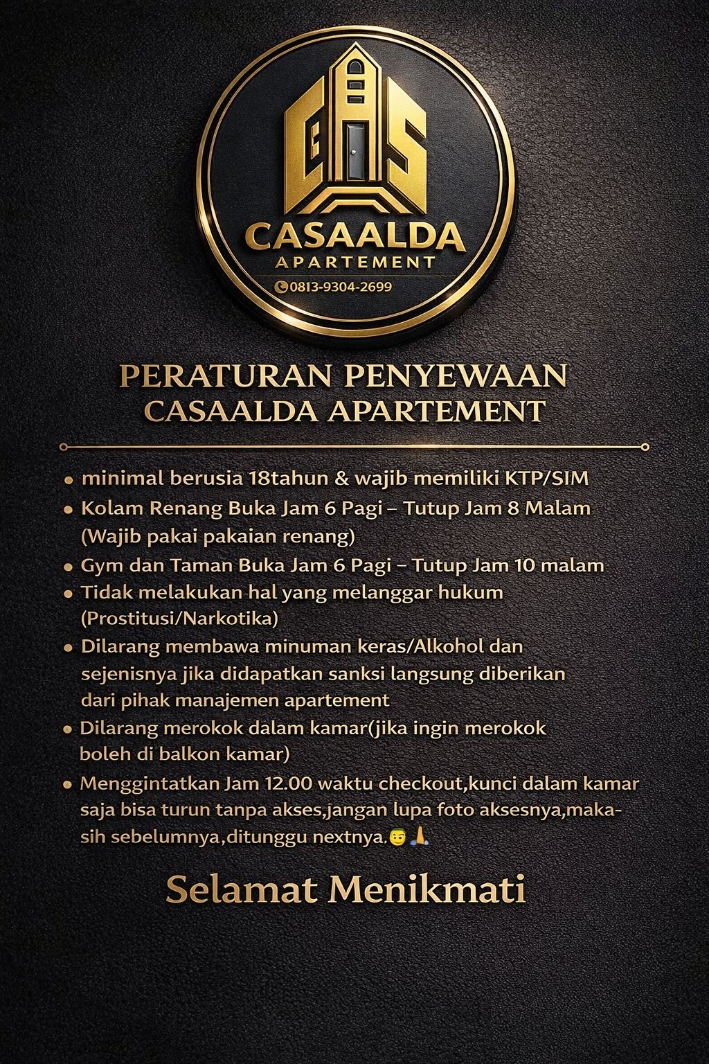 Poster peraturan penyewaan CASAALDA Apartment